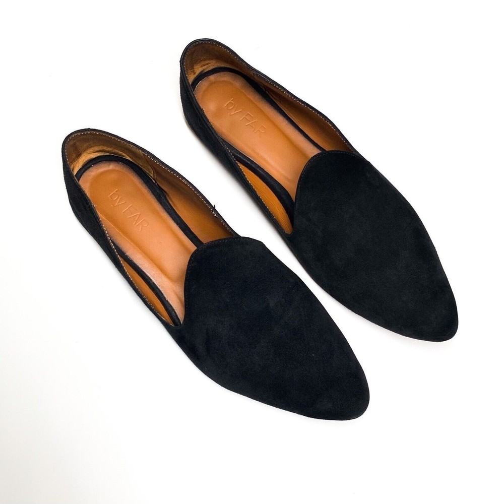 By FAR Black Suede Loafer Flats 36 US 6 Slip On Smoking Shoes Almond Toe